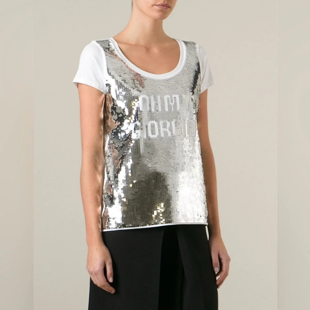 Emporio Armani Short Sleeve Sequin Oh My Giorgio Tee T Shirt White Silver 44